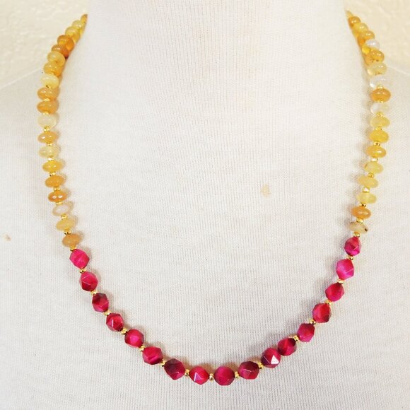 Golden Yellow Citrine & Fuchsia Tiger's Eye Colorblock Simple Strand Necklace - Picture 1 of 3